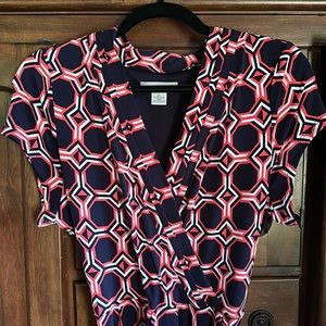 Liz Claiborne sz L faux wrap dress. Navy, white and salmon